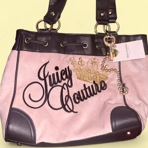 Juicy Couture Pink and Brown Tote with Gold Crest Charm